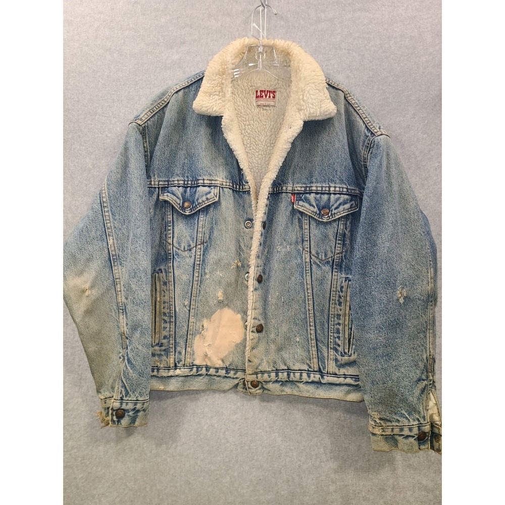 Vtg Levis Mens Denim Jacket L Blue Trucker Sherpa Lined Snaps Distressed USA